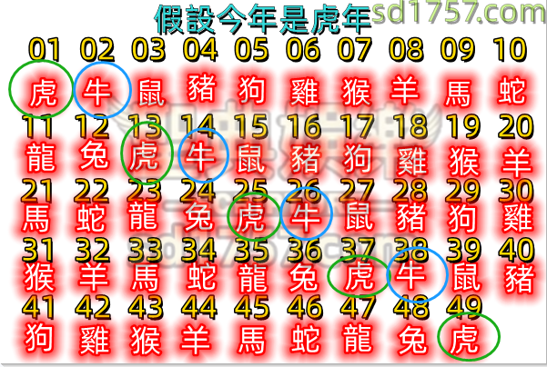 此為六合彩生肖玩法的排列方式，依當年的生肖倒著順序去做排列，直到49個號碼都套完十二個生肖。